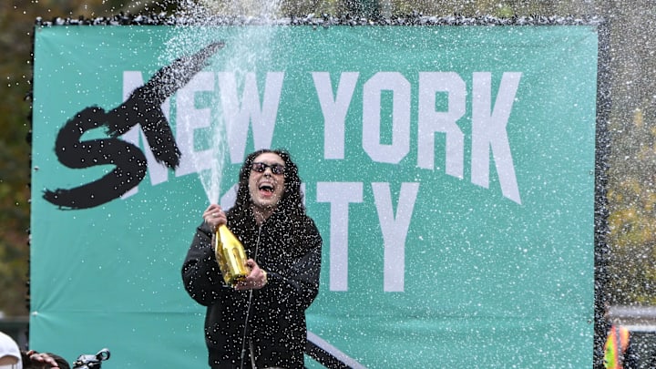 Oct 24, 2024; Manhattan, NY, USA; New York Liberty forward Breanna Stewart reacts during the New York Liberty championship parade along the Canyon of Heroes in New York. Mandatory Credit: John Jones-Imagn Images