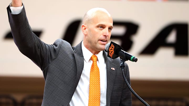 New Oklahoma State University head men's basketball coach Steve Lutz speaks during an introduction ceremony of the at Gallagher-Iba Arena in Stillwater, Okla., Thursday, April 4, 2024. New Oklahoma State University head men's basketball coach Steve Lutz speaks during an introduction ceremony of the at Gallagher-Iba Arena in Stillwater, Okla., Thursday, April 4, 2024.