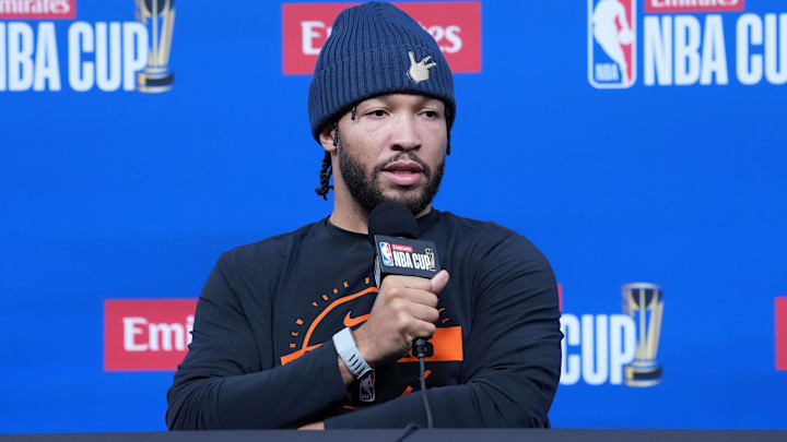 Dec 12, 2025; Las Vegas, NV, USA; New York Knicks guard Jalen Brunson (11) at press conference prior to the Emirates Cup semifinals at T-Mobile Arena. Mandatory Credit: Kirby Lee-Imagn Images
