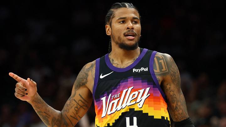 Mar 28, 2026; Phoenix, Arizona, USA; Phoenix Suns guard Jalen Green (4) against the Utah Jazz in the second half at Mortgage Matchup Center. Mandatory Credit: Mark J. Rebilas-Imagn Images