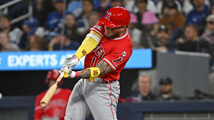 May 9, 2026; Toronto, Ontario, CAN; Los Angeles Angels third base Yoan Moncada (10) hits a single in the second inning against the Toronto Blue Jays at Rogers Centre. Mandatory Credit: Gerry Angus-Imagn Images