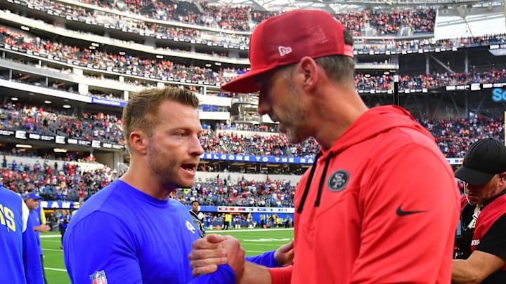 Los Angeles Rams head coach Sean McVay meets with San Francisco 49ers head coach Kyle Shanahan