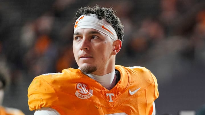 Tennessee quarterback Joey Aguilar (6) looks around the stadium after losing a NCAA football game between Tennessee and Vanderbilt at Neyland Stadium in Knoxville, Tenn., on Nov. 29, 2025.