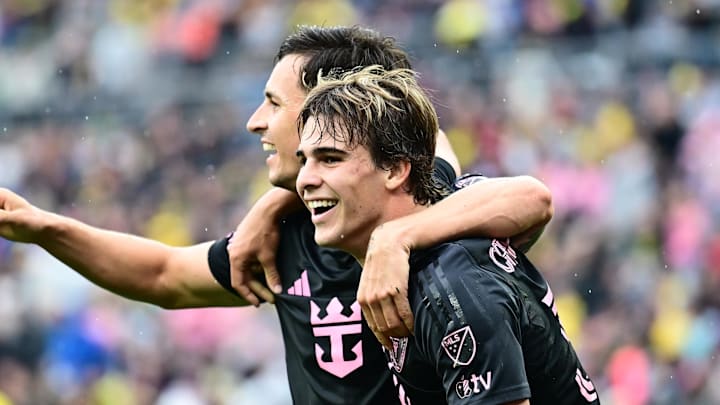 Tadeo Allende (left) and Benjamin Cremaschi (right) celebrate the 1–0 and eventual winning goal against Columbus Crew SC 