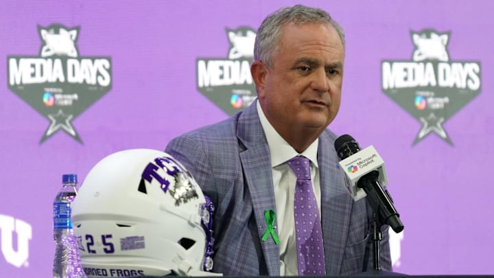 Jul 9, 2025; Frisco, TX, USA; TCU head coach Sonny Dykes speaks with the media during 2025 Big 12 Football Media Days at The Star. 