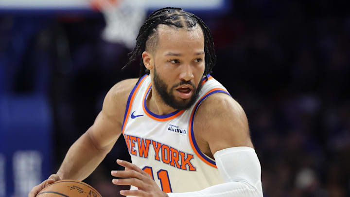 Feb 11, 2026; Philadelphia, Pennsylvania, USA; New York Knicks guard Jalen Brunson (11) drives against the Philadelphia 76ers during the first half at Xfinity Mobile Arena. Mandatory Credit: Bill Streicher-Imagn Images