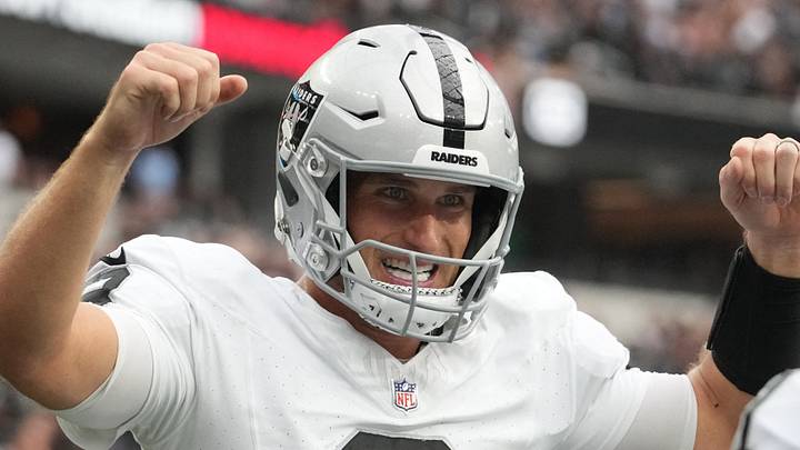 Sep 20, 2026; Inglewood, California, USA;  Las Vegas Raiders quarterback Kirk Cousins (8) celebrates with Las Vegas Raiders wide receiver Tre Tucker (1) after a touchdown against the Los Angeles Chargers during the second half at SoFi Stadium.  Mandatory Credit: Kirby Lee-Imagn Images