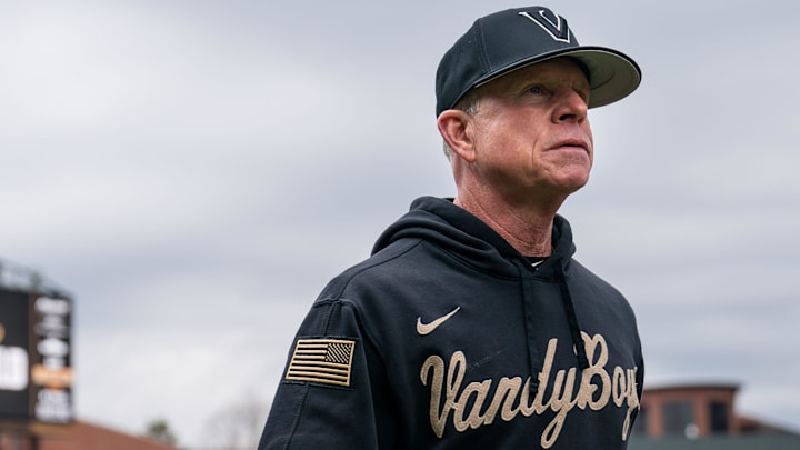 Vanderbilt head coach Tim Corbin heads to the dugout before a game against Florida Atlantic at Hawkins Field in Nashville, Tenn., Friday, Feb. 16, 2024