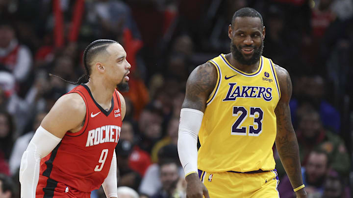 Jan 29, 2024; Houston, Texas, USA; Houston Rockets forward Dillon Brooks (9) reacts toward Los Angeles Lakers forward LeBron James (23) after scoring a basket during the fourth quarter at Toyota Center. Mandatory Credit: Troy Taormina-Imagn Images Jan 29, 2024; Houston, Texas, USA; Houston Rockets forward Dillon Brooks (9) reacts toward Los Angeles Lakers forward LeBron James (23) after scoring a basket during the fourth quarter at Toyota Center. Mandatory Credit: Troy Taormina-Imagn Images