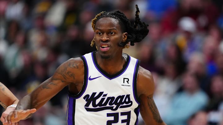 Jan 23, 2025; Denver, Colorado, USA; Sacramento Kings guard Keon Ellis (23) during the second half against the Denver Nuggets at Ball Arena. Mandatory Credit: Ron Chenoy-Imagn Images