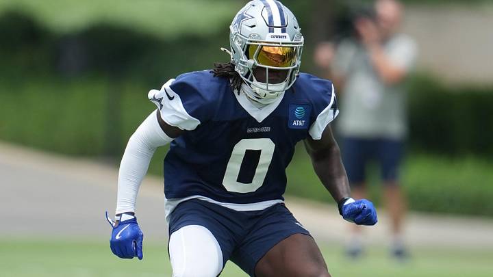 Dallas Cowboys linebacker DeMarvion Overshown goes through a drill during practice at the Ford Center.