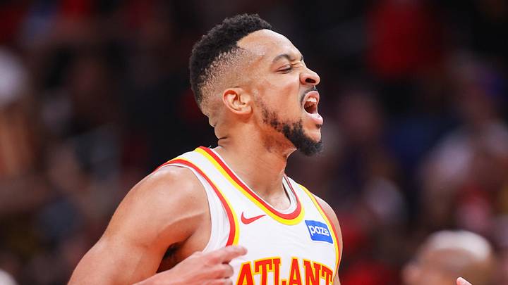Apr 23, 2026; Atlanta, Georgia, USA; Atlanta Hawks guard CJ McCollum (3) reacts after a basket against the New York Knicks in the second quarter during game three of the first round of the 2026 NBA Playoffs at State Farm Arena. Mandatory Credit: Brett Davis-Imagn Images
Apr 23, 2026; Atlanta, Georgia, USA; Atlanta Hawks guard CJ McCollum (3) reacts after a basket against the New York Knicks in the second quarter during game three of the first round of the 2026 NBA Playoffs at State Farm Arena. Mandatory Credit: Brett Davis-Imagn Images