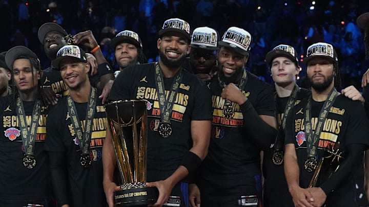 Dec 16, 2025; Las Vegas, Nevada, USA; The New York Knicks pose for a photograph after winning the Emirates NBA Cup Final at T-Mobile Arena. Mandatory Credit: Kirby Lee-Imagn Images Dec 16, 2025; Las Vegas, Nevada, USA; The New York Knicks pose for a photograph after winning the Emirates NBA Cup Final at T-Mobile Arena. Mandatory Credit: Kirby Lee-Imagn Images