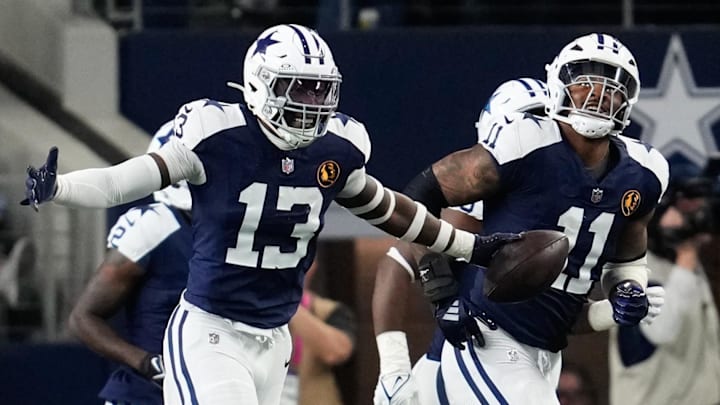Dallas Cowboys linebacker DeMarvion Overshown celebrates after scoring a touchdown against the New York Giants. Dallas Cowboys linebacker DeMarvion Overshown celebrates after scoring a touchdown against the New York Giants.