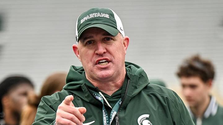 Michigan State's head coach Pat Fitzgerald addresses the team at the end of the football Spring Showcase on Saturday, April 18, 2026, at Spartan Stadium in East Lansing. Michigan State's head coach Pat Fitzgerald addresses the team at the end of the football Spring Showcase on Saturday, April 18, 2026, at Spartan Stadium in East Lansing.