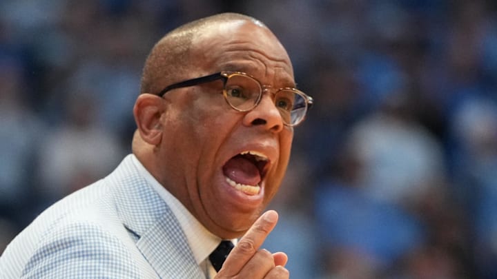 Feb 7, 2026; Chapel Hill, North Carolina, USA;  North Carolina Tar Heels head coach Hubert Davis reacts in the first  half at Dean E. Smith Center. Mandatory Credit: Bob Donnan-Imagn Images