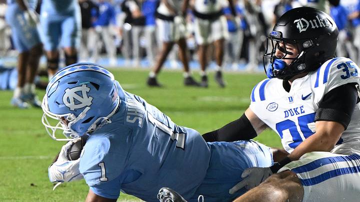 Nov 22, 2025; Chapel Hill, North Carolina, USA; North Carolina Tar Heels wide receiver Jordan Shipp (1) scores a touchdown during the second half at Kenan Stadium. Mandatory Credit: William Howard-Imagn Images Nov 22, 2025; Chapel Hill, North Carolina, USA; North Carolina Tar Heels wide receiver Jordan Shipp (1) scores a touchdown during the second half at Kenan Stadium. Mandatory Credit: William Howard-Imagn Images