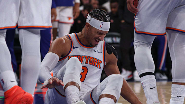 Dec 25, 2025; New York, New York, USA; New York Knicks guard Josh Hart (3) reacts after being fouled during the second half against the Cleveland Cavaliers at Madison Square Garden. Josh Hart would leave the game after the play. Mandatory Credit: Vincent Carchietta-Imagn Images Dec 25, 2025; New York, New York, USA; New York Knicks guard Josh Hart (3) reacts after being fouled during the second half against the Cleveland Cavaliers at Madison Square Garden. Josh Hart would leave the game after the play. Mandatory Credit: Vincent Carchietta-Imagn Images