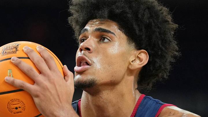 Apr 3, 2026; Indianapolis, IN, USA; Arizona Wildcats forward Koa Peat (10) during a practice session ahead of the Final Four of the men's 2026 NCAA Tournament at Lucas Oil Stadium. Mandatory Credit: Robert Deutsch-Imagn Images