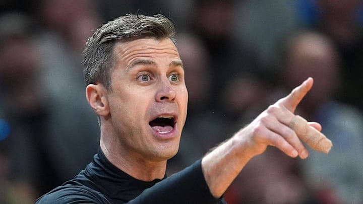 Mar 19, 2026; Greenville, SC, USA; Duke Blue Devils head coach Jon Scheyer reacts in the first half during a first round game of the men's 2026 NCAA Tournament at Bon Secours Wellness Arena. Mandatory Credit: Jim Dedmon-Imagn Images