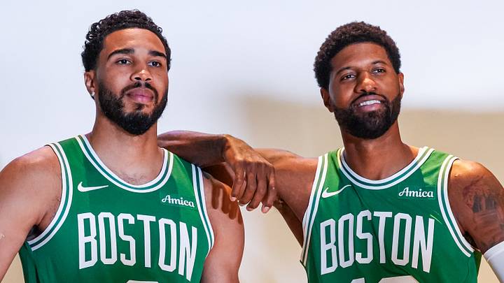 Sep 28, 2026; Boston, MA, USA; Boston Celtics forward/guard Jayson Tatum (0) with forward Paul George (13) during media day at Auerbach Center. Mandatory Credit: David Butler II-Imagn Images