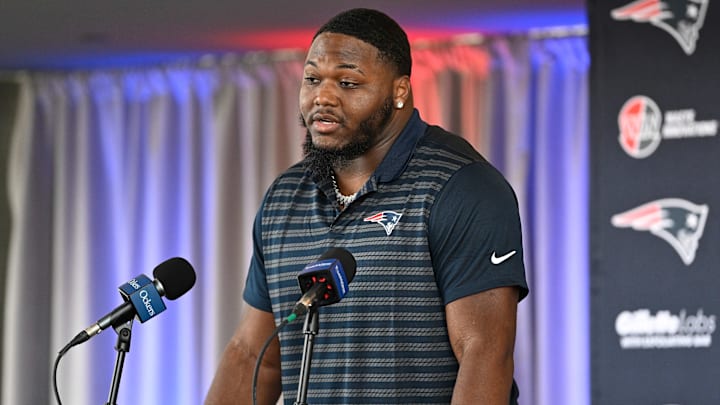 Mar 13, 2025; Foxborough, MA, USA; New England Patriots defensive tackle Milton Williams discusses his recent free agent addition to the Patriots with the media at Gillette Stadium. Mandatory Credit: Eric Canha-Imagn Images