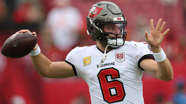 Nov 9, 2025; Tampa, Florida, USA; Tampa Bay Buccaneers quarterback Baker Mayfield (6) warms up before a game against the New England Patriots at Raymond James Stadium. Mandatory Credit: Nathan Ray Seebeck-Imagn Images Nov 9, 2025; Tampa, Florida, USA; Tampa Bay Buccaneers quarterback Baker Mayfield (6) warms up before a game against the New England Patriots at Raymond James Stadium. Mandatory Credit: Nathan Ray Seebeck-Imagn Images