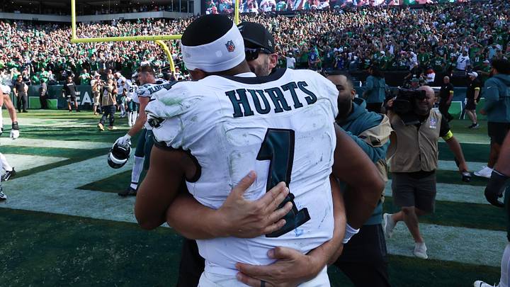 Philadelphia Eagles quarterback Jalen Hurts (1) and head coach Nick Sirianni celebrate after a victory against the Los Angeles Rams at Lincoln Financial Field. Mandatory Credit: Bill Streicher-Imagn Images Philadelphia Eagles quarterback Jalen Hurts (1) and head coach Nick Sirianni celebrate after a victory against the Los Angeles Rams at Lincoln Financial Field. Mandatory Credit: Bill Streicher-Imagn Images
