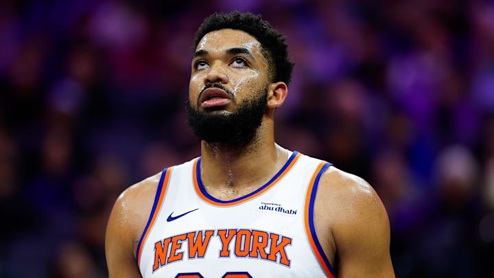 Jan 14, 2026; Sacramento, California, USA; New York Knicks center Karl-Anthony Towns (32) looks up during the third quarter against the Sacramento Kings at Golden 1 Center. Mandatory Credit: Sergio Estrada-Imagn Images