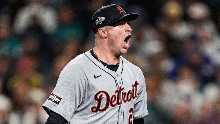 Tigers pitcher Tarik Skubal celebrates striking out Mariners catcher Cal Raleigh in the sixth inning of ALDS Game 5 at T-Mobile Park in Seattle on Friday, Oct. 10, 2025. Tigers pitcher Tarik Skubal celebrates striking out Mariners catcher Cal Raleigh in the sixth inning of ALDS Game 5 at T-Mobile Park in Seattle on Friday, Oct. 10, 2025.