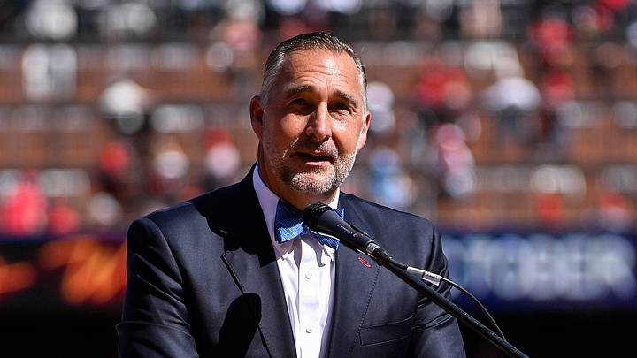 St. Louis, Missouri, USA;  St. Louis Cardinals president of baseball operation John Mozeliak speaks at a retirement ceremony for starting pitcher Adam Wainwright (50) before a game against the Cincinnati Reds at Busch Stadium. Mandatory Credit: Jeff Curry-USA TODAY Sports