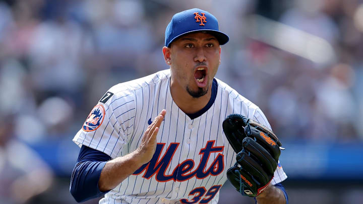 Jun 12, 2025; New York City, New York, USA; New York Mets relief pitcher Edwin Diaz (39) reacts after getting the final out of the game against the Washington Nationals at Citi Field. Mandatory Credit: Brad Penner-Imagn Images