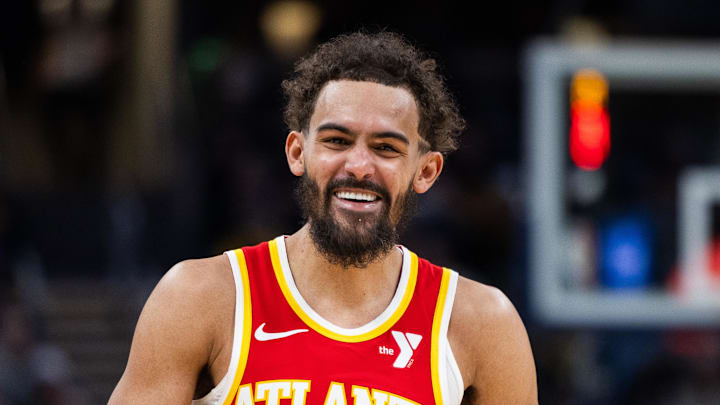 Atlanta Hawks guard Trae Young reacts in the first half against the Indiana Pacers at Gainbridge Fieldhouse.