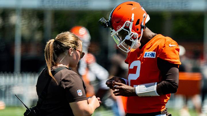 Cleveland Browns quarterback Shedeur Sanders (2) gets his finger taped during the second day of training camp, July 30, 2026, in Berea, Ohio. Cleveland Browns quarterback Shedeur Sanders (2) gets his finger taped during the second day of training camp, July 30, 2026, in Berea, Ohio.