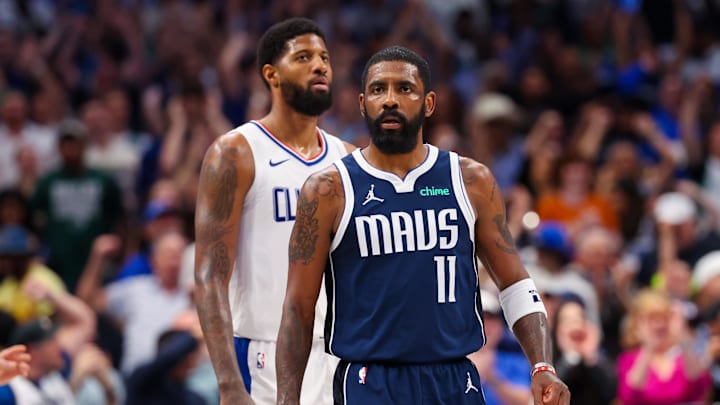 Apr 28, 2024; Dallas, Texas, USA;  Dallas Mavericks guard Kyrie Irving (11) reacts in front of LA