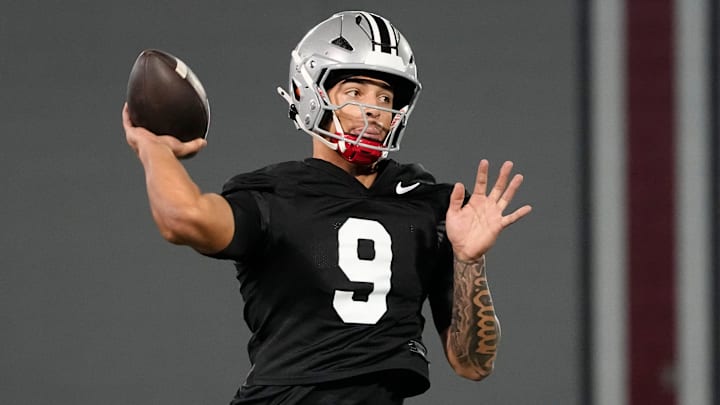 Ohio State Buckeyes quarterback Tavien St. Clair (9) throws during spring football practice at the Woody Hayes Athletic Center in Columbus on March 19, 2025.