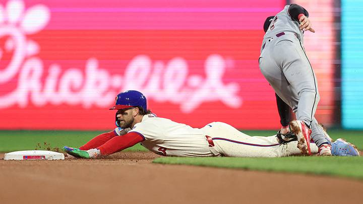 May 23, 2026; Philadelphia, Pennsylvania, USA; Cleveland Guardians second baseman Travis Bazzana (37) tags out Philadelphia Phillies first baseman Bryce Harper (3) on a stolen base attempt during the seventh inning at Citizens Bank Park. Mandatory Credit: Bill Streicher-Imagn Images May 23, 2026; Philadelphia, Pennsylvania, USA; Cleveland Guardians second baseman Travis Bazzana (37) tags out Philadelphia Phillies first baseman Bryce Harper (3) on a stolen base attempt during the seventh inning at Citizens Bank Park. Mandatory Credit: Bill Streicher-Imagn Images