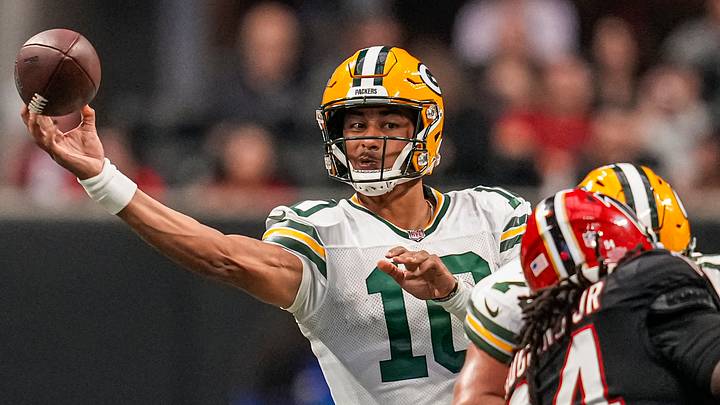 Green Bay Packers quarterback Jordan Love throws a pass at the Falcons in 2023. Green Bay Packers quarterback Jordan Love throws a pass at the Falcons in 2023.