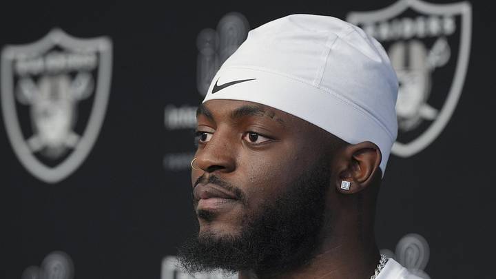May 2, 2026; Henderson, NV, USA;  Las Vegas Raiders defensive end Keyron Crawford (42) speaks during a news conference at the team’s Rookie Minicamp at Intermountain Health Performance Center. Mandatory Credit: Candice Ward-Imagn Images