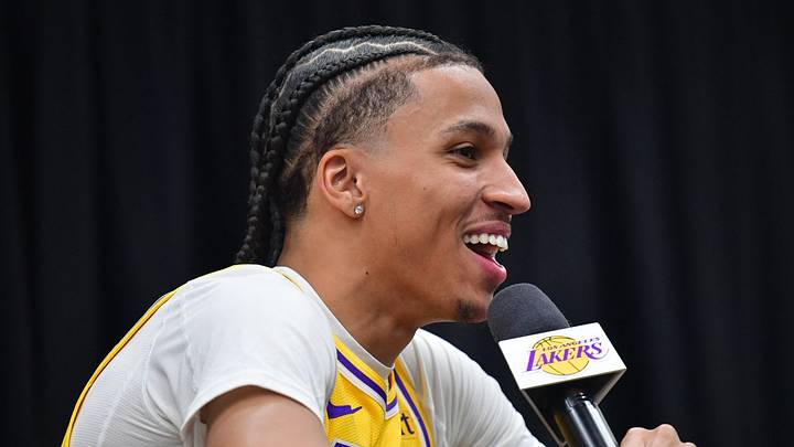 Sep 28, 2026; El Segundo, CA, USA; Los Angeles Lakers player Cameron Carr (43) during media day at UCLA Health Training Center.  Mandatory Credit: Gary A. Vasquez-Imagn Images