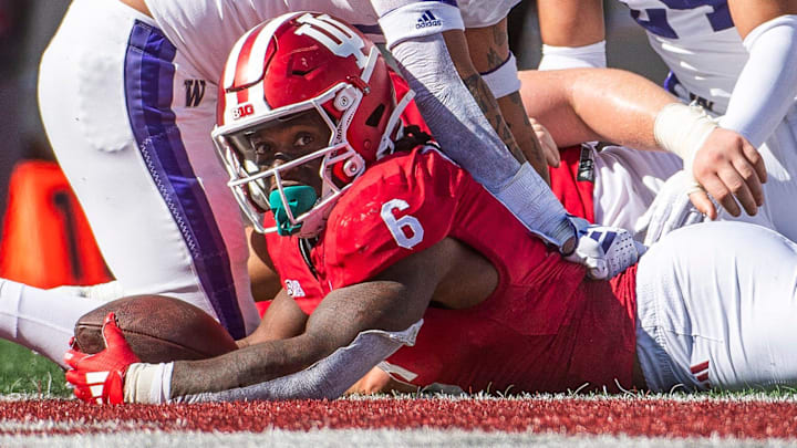 Indiana running back Justice Ellison looks down the goal line against Washington. Indiana running back Justice Ellison looks down the goal line against Washington.