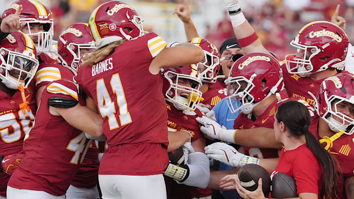 Iowa State Cyclones' linebacker Nick Reinicke (51) celebrates with team after an interception against South Dakota during the fourth quarter in the home game opening at Jack Trice Stadium on August 30, 2025, in Ames, Iowa