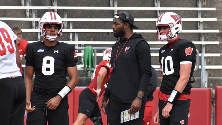 Quarterbacks Deuce Adams and Ryan Hopkins during Wisconsin's fall camp practice on August 6. Quarterbacks Deuce Adams and Ryan Hopkins during Wisconsin's fall camp practice on August 6.