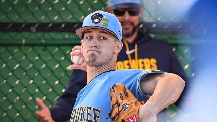 Milwaukee Brewers pitcher Coleman Crow (72) throws in the outfield during spring training workouts Saturday, February 14, 2026, at American Family Fields of Phoenix in Phoenix, Arizona.