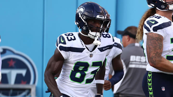 Aug 17, 2024; Nashville, Tennessee, USA; Seattle Seahawks tight end Brady Russell (38), quarterback Sam Howell (6), and wide receiver Dareke Young (83) take the field before the game against the Tennessee Titans at Nissan Stadium. Mandatory Credit: Casey Gower-Imagn Images Aug 17, 2024; Nashville, Tennessee, USA; Seattle Seahawks tight end Brady Russell (38), quarterback Sam Howell (6), and wide receiver Dareke Young (83) take the field before the game against the Tennessee Titans at Nissan Stadium. Mandatory Credit: Casey Gower-Imagn Images