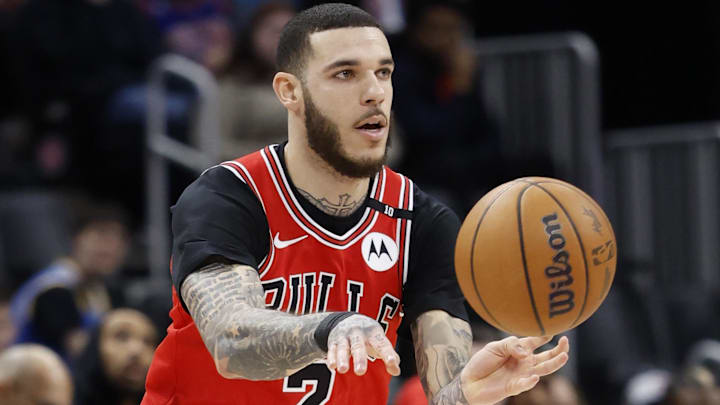 Feb 2, 2025; Detroit, Michigan, USA; Chicago Bulls guard Lonzo Ball (2) passes in the first half against the Detroit Pistons at Little Caesars Arena. Mandatory Credit: Rick Osentoski-Imagn Images