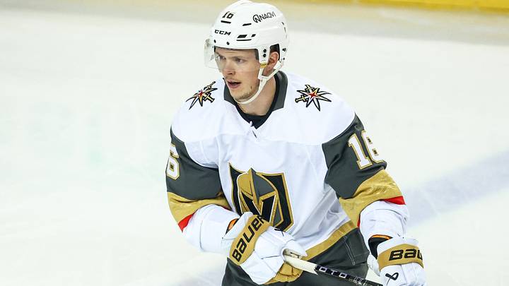 Apr 15, 2025; Calgary, Alberta, CAN; Vegas Golden Knights left wing Pavel Dorofeyev (16) skates during the warmup period against the Calgary Flames at Scotiabank Saddledome. Apr 15, 2025; Calgary, Alberta, CAN; Vegas Golden Knights left wing Pavel Dorofeyev (16) skates during the warmup period against the Calgary Flames at Scotiabank Saddledome.