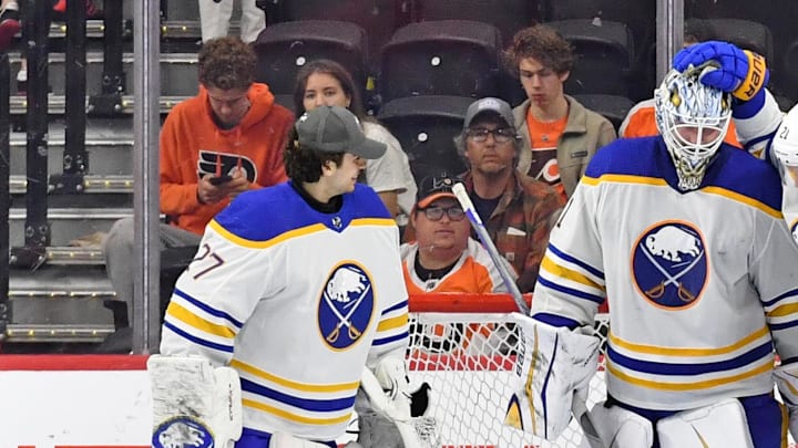 Apr 1, 2023; Philadelphia, Pennsylvania, USA; Buffalo Sabres goaltender Devon Levi (27), goaltender
