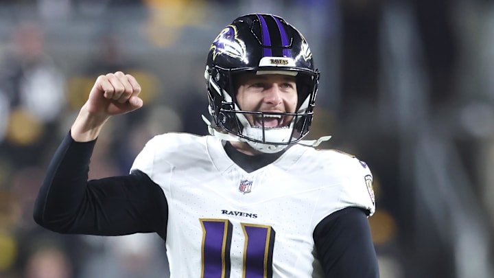 Baltimore Ravens punter Jordan Stout reacts against the Pittsburgh Steelers.