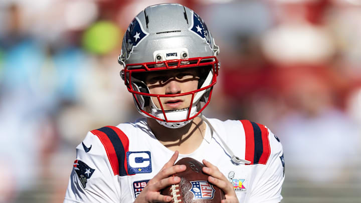 Feb 8, 2026; Santa Clara, CA, USA; New England Patriots quarterback Drake Maye (10) against the Seattle Seahawks during Super Bowl LX at Levi's Stadium. Mandatory Credit: Mark J. Rebilas-Imagn Images